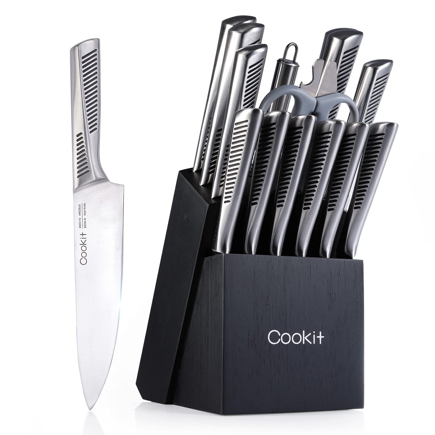 Kitchen Knife Set, 15 Piece Set with Block, Non-Slip German Stainless Steel, Hollow Handle Cutlery Set with Multifunctional Scissors and Knife Sharpener