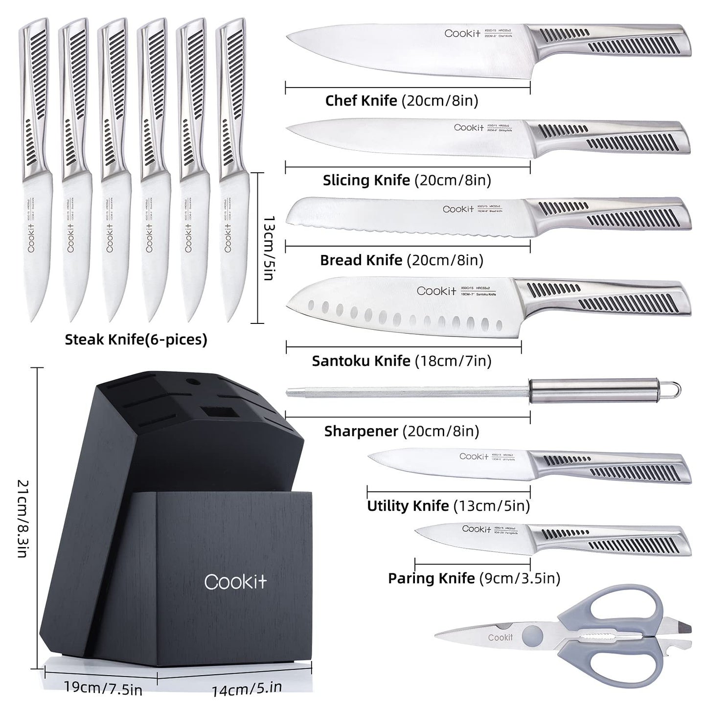 Kitchen Knife Set, 15 Piece Set with Block, Non-Slip German Stainless Steel, Hollow Handle Cutlery Set with Multifunctional Scissors and Knife Sharpener